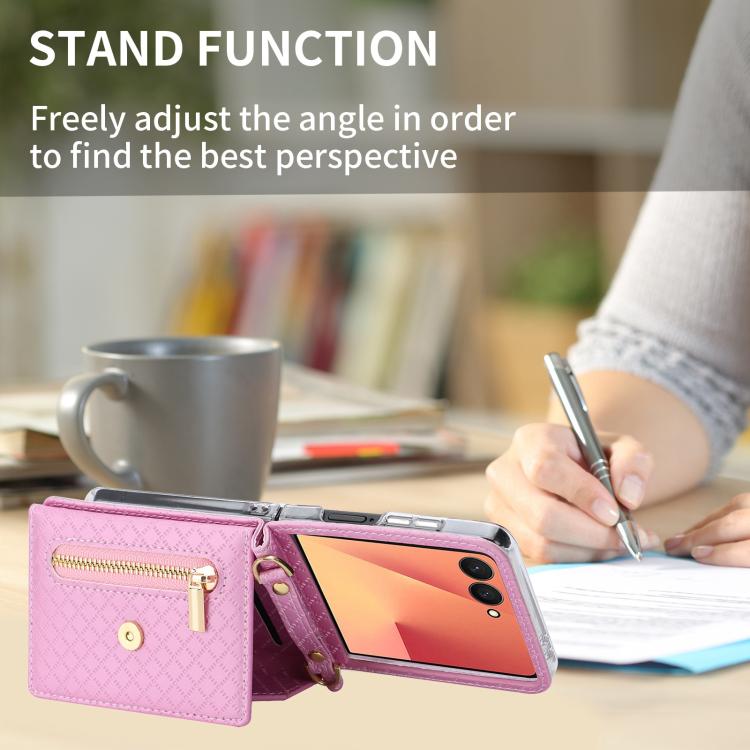 For Samsung Galaxy Z Flip7 5G POLA Grid Texture Multi-Card Slots Zipper Wallet Phone Case