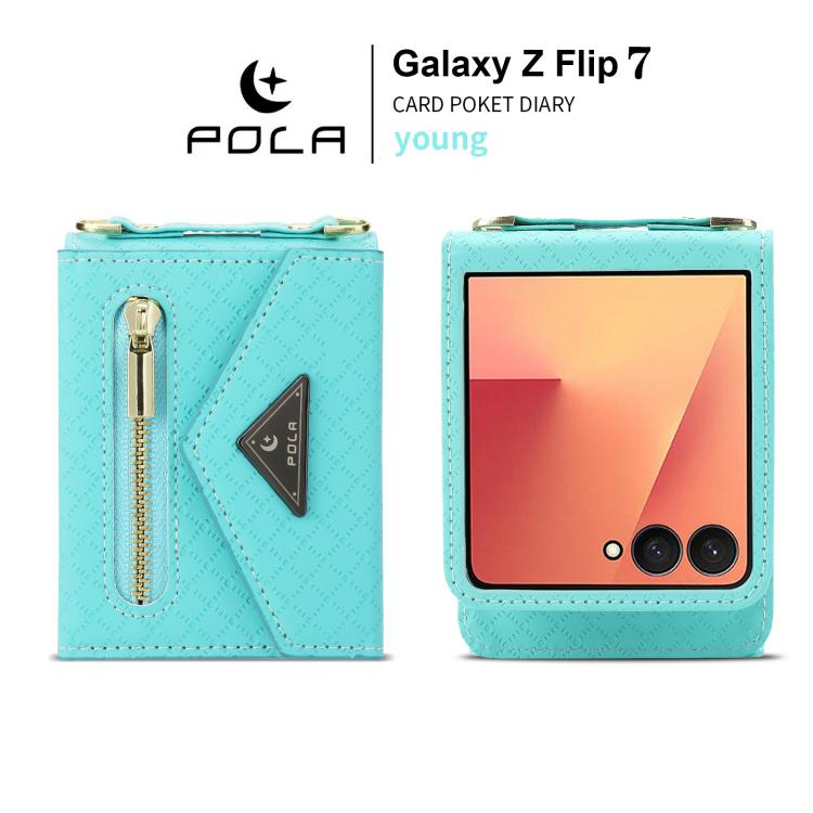 For Samsung Galaxy Z Flip7 5G POLA Grid Texture Multi-Card Slots Zipper Wallet Phone Case