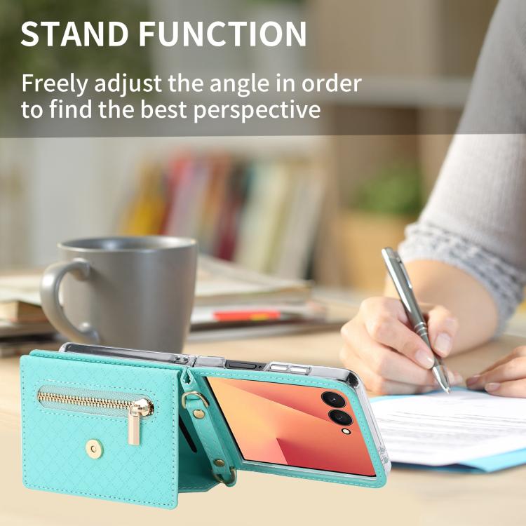For Samsung Galaxy Z Flip7 5G POLA Grid Texture Multi-Card Slots Zipper Wallet Phone Case