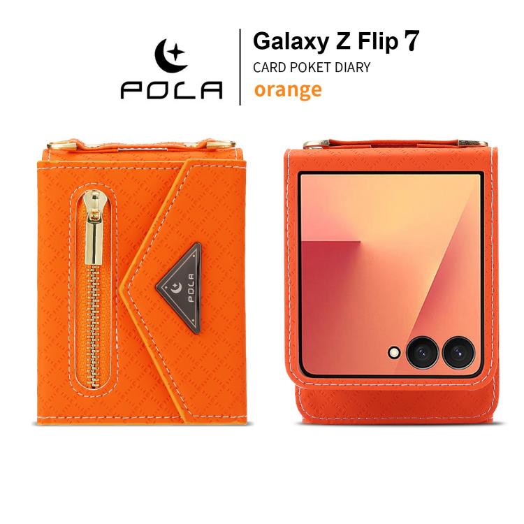 For Samsung Galaxy Z Flip7 5G POLA Grid Texture Multi-Card Slots Zipper Wallet Phone Case