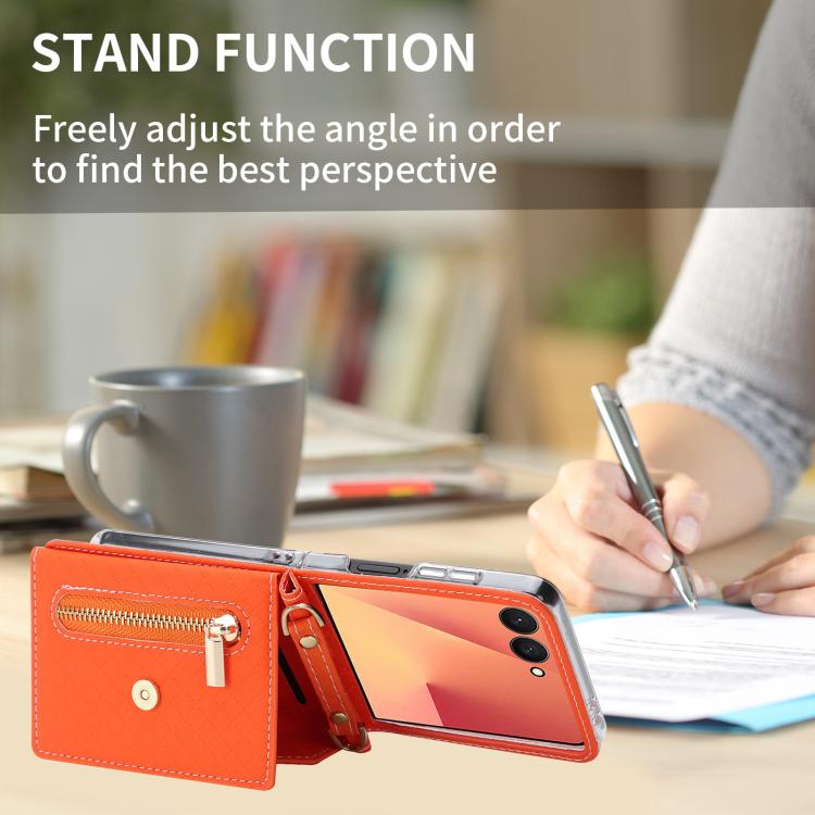 For Samsung Galaxy Z Flip7 5G POLA Grid Texture Multi-Card Slots Zipper Wallet Phone Case