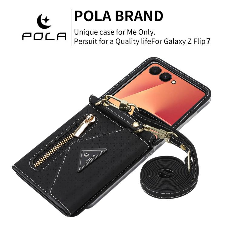 For Samsung Galaxy Z Flip7 5G POLA Grid Texture Multi-Card Slots Zipper Wallet Phone Case