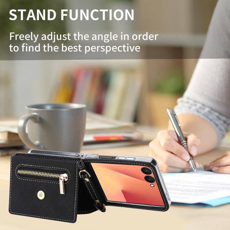 For Samsung Galaxy Z Flip7 5G POLA Grid Texture Multi-Card Slots Zipper Wallet Phone Case