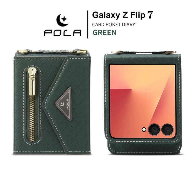 For Samsung Galaxy Z Flip7 5G POLA Grid Texture Multi-Card Slots Zipper Wallet Phone Case