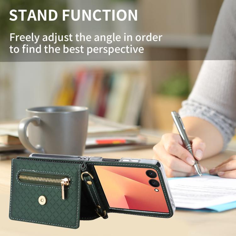 For Samsung Galaxy Z Flip7 5G POLA Grid Texture Multi-Card Slots Zipper Wallet Phone Case