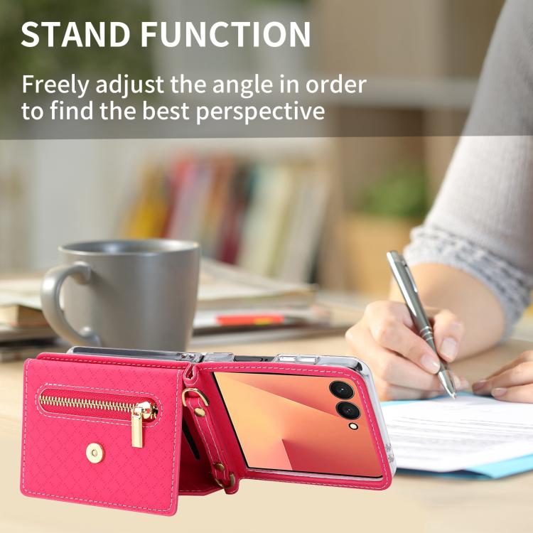 For Samsung Galaxy Z Flip7 5G POLA Grid Texture Multi-Card Slots Zipper Wallet Phone Case