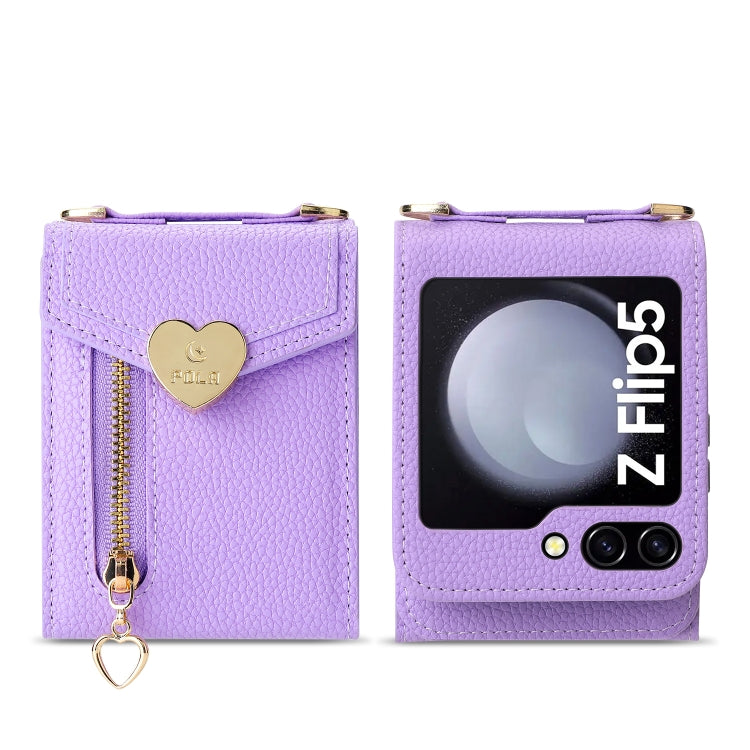 For Samsung Galaxy Z Flip5 POLA Litchi Texture Love Buckle Multi-Card Slots Zipper Wallet Phone Case