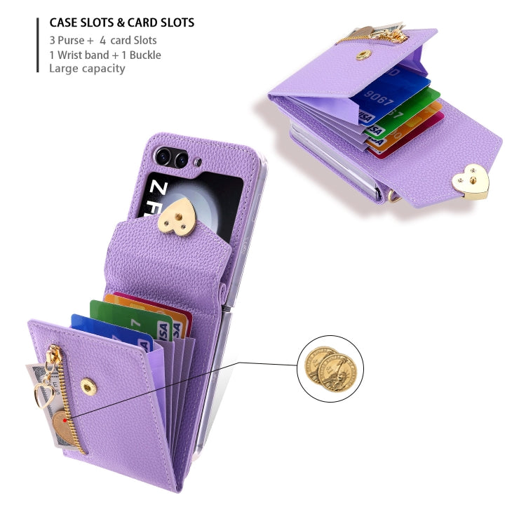 For Samsung Galaxy Z Flip5 POLA Litchi Texture Love Buckle Multi-Card Slots Zipper Wallet Phone Case