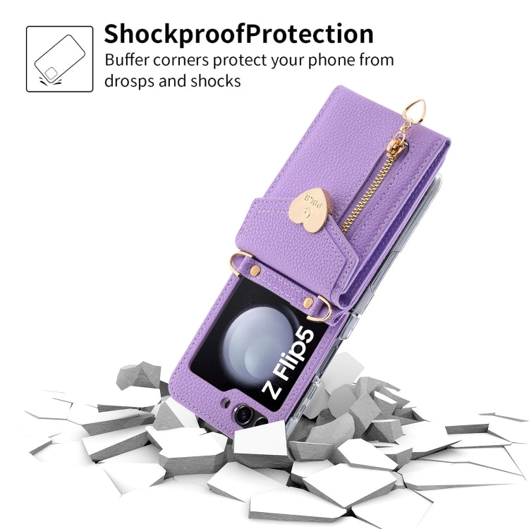 For Samsung Galaxy Z Flip5 POLA Litchi Texture Love Buckle Multi-Card Slots Zipper Wallet Phone Case
