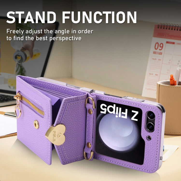 For Samsung Galaxy Z Flip5 POLA Litchi Texture Love Buckle Multi-Card Slots Zipper Wallet Phone Case