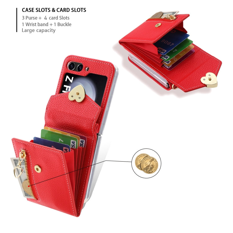 For Samsung Galaxy Z Flip5 POLA Litchi Texture Love Buckle Multi-Card Slots Zipper Wallet Phone Case