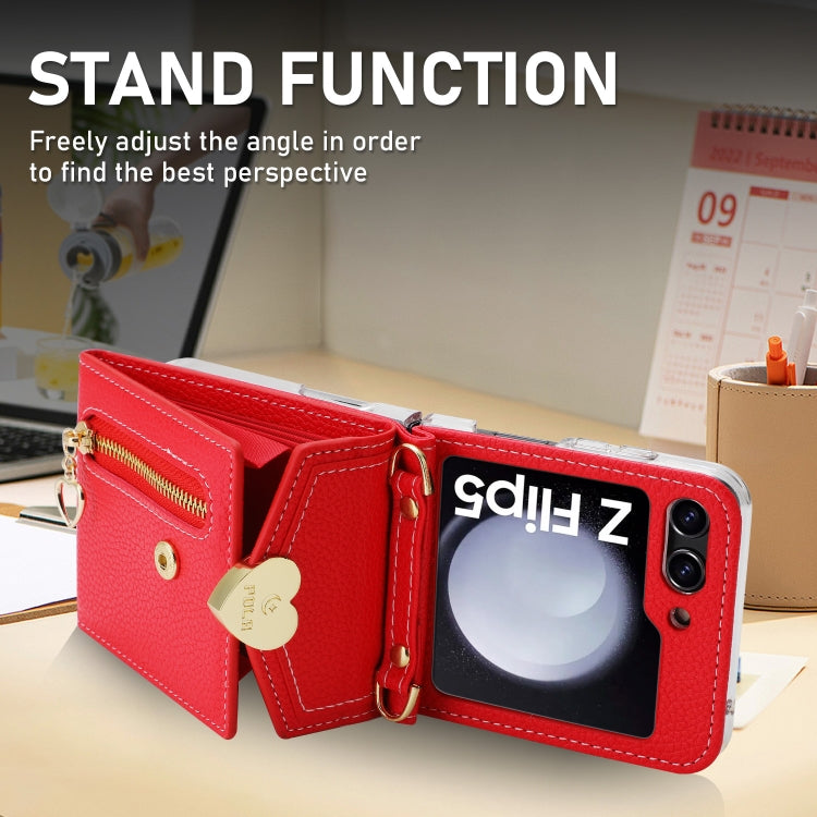For Samsung Galaxy Z Flip5 POLA Litchi Texture Love Buckle Multi-Card Slots Zipper Wallet Phone Case