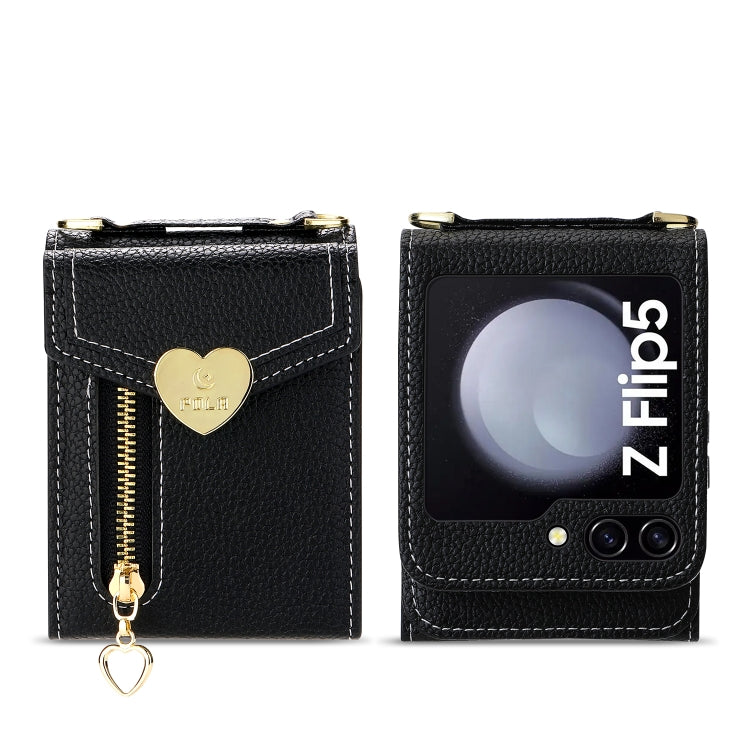 For Samsung Galaxy Z Flip5 POLA Litchi Texture Love Buckle Multi-Card Slots Zipper Wallet Phone Case