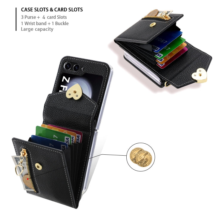 For Samsung Galaxy Z Flip5 POLA Litchi Texture Love Buckle Multi-Card Slots Zipper Wallet Phone Case