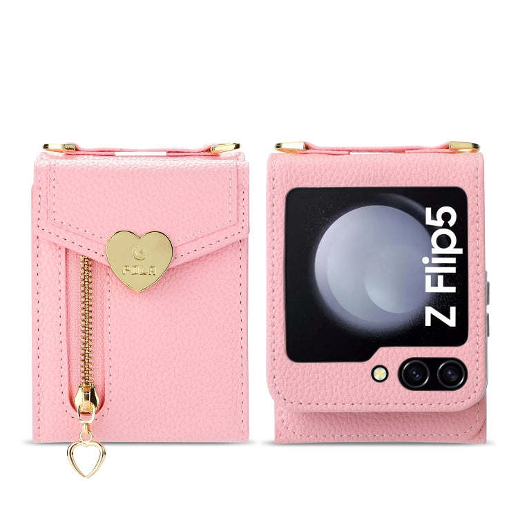 For Samsung Galaxy Z Flip5 POLA Litchi Texture Love Buckle Multi-Card Slots Zipper Wallet Phone Case