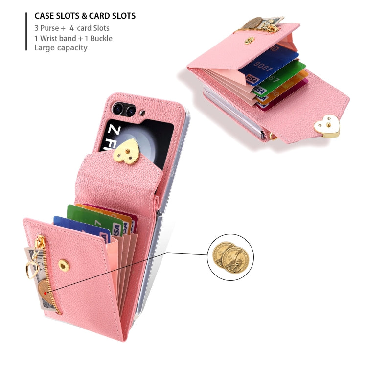 For Samsung Galaxy Z Flip5 POLA Litchi Texture Love Buckle Multi-Card Slots Zipper Wallet Phone Case