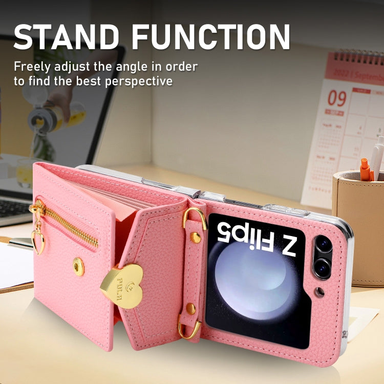 For Samsung Galaxy Z Flip5 POLA Litchi Texture Love Buckle Multi-Card Slots Zipper Wallet Phone Case