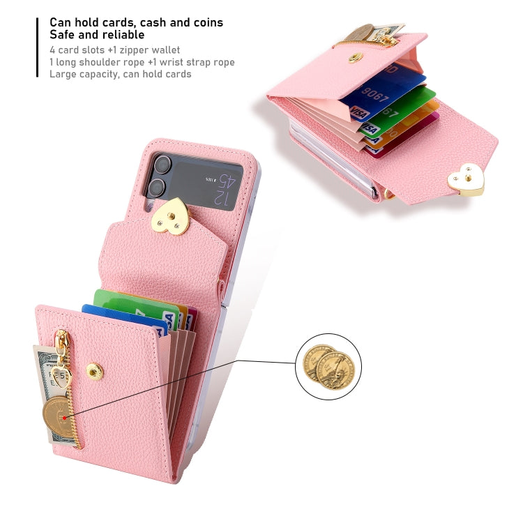 For Samsung Galaxy Z Flip4 POLA Litchi Texture Love Buckle Multi-Card Slots Zipper Wallet Phone Case