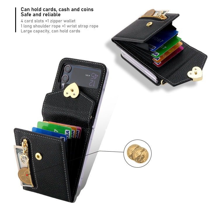 For Samsung Galaxy Z Flip3 5G POLA Litchi Texture Love Buckle Multi-Card Slots Zipper Wallet Phone Case