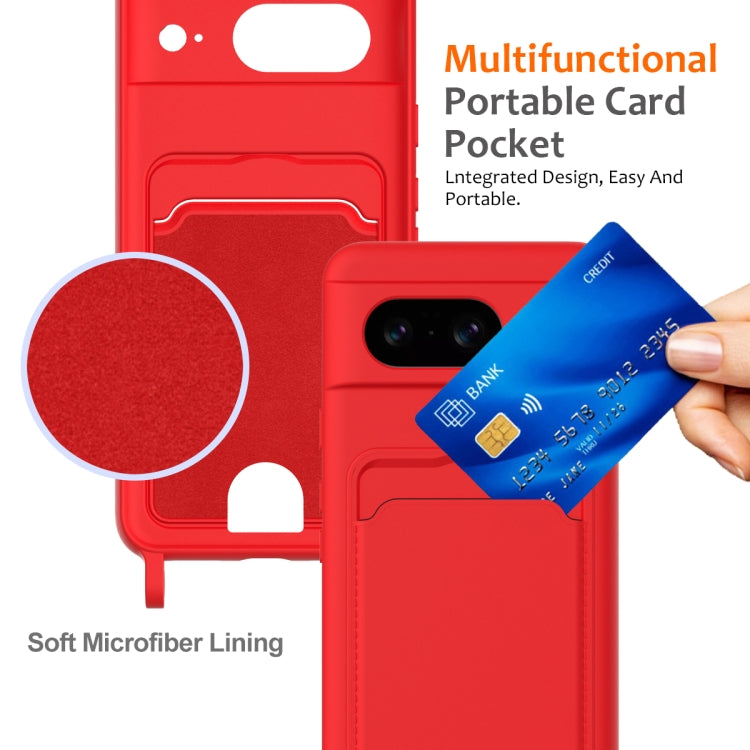 For Google Pixel 8 Integrated Card Bag Solid Color Liquid Silicone Phone Case with Lanyard