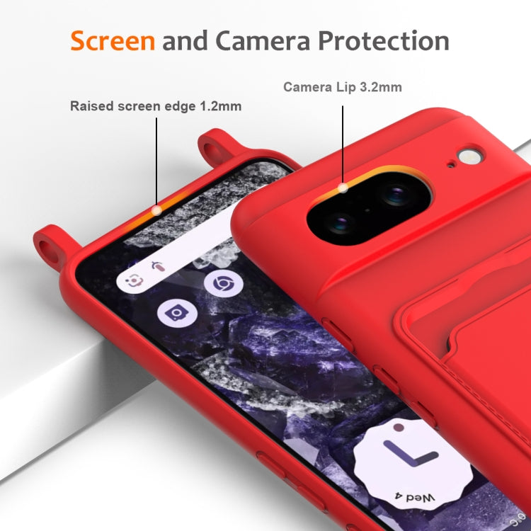 For Google Pixel 8 Integrated Card Bag Solid Color Liquid Silicone Phone Case with Lanyard
