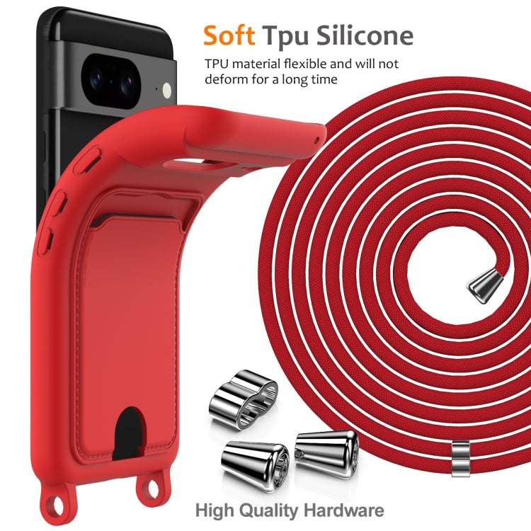 For Google Pixel 8 Integrated Card Bag Solid Color Liquid Silicone Phone Case with Lanyard