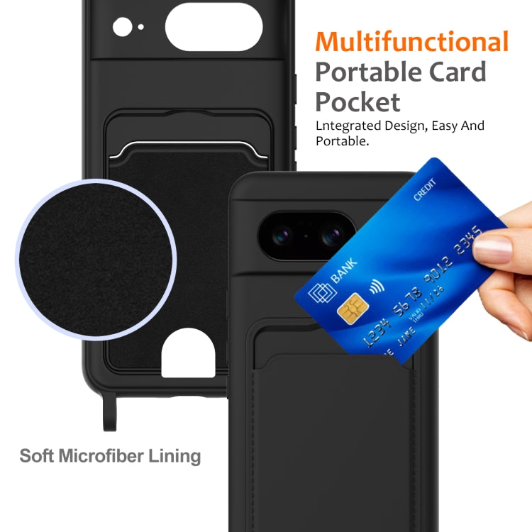 For Google Pixel 8 Integrated Card Bag Solid Color Liquid Silicone Phone Case with Lanyard
