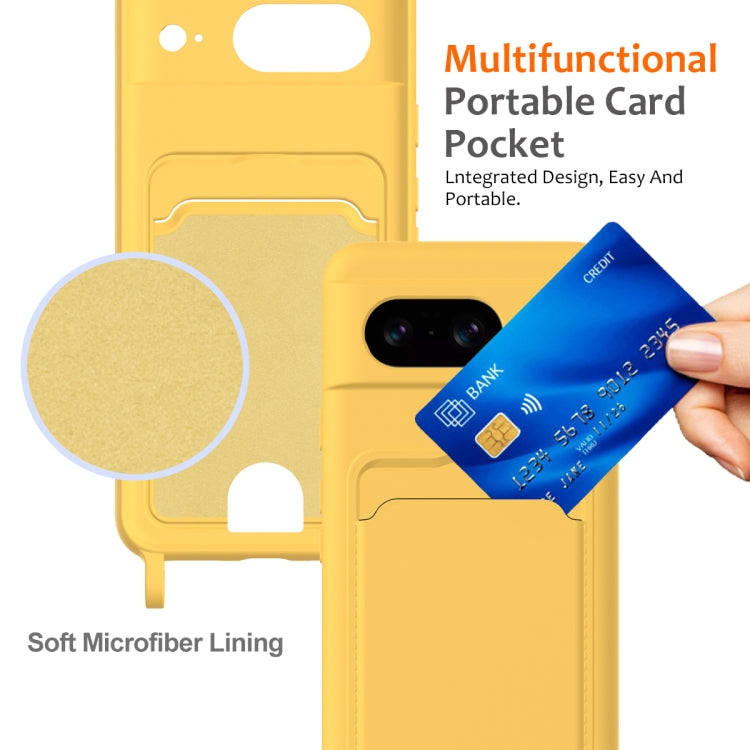 For Google Pixel 8 Integrated Card Bag Solid Color Liquid Silicone Phone Case with Lanyard