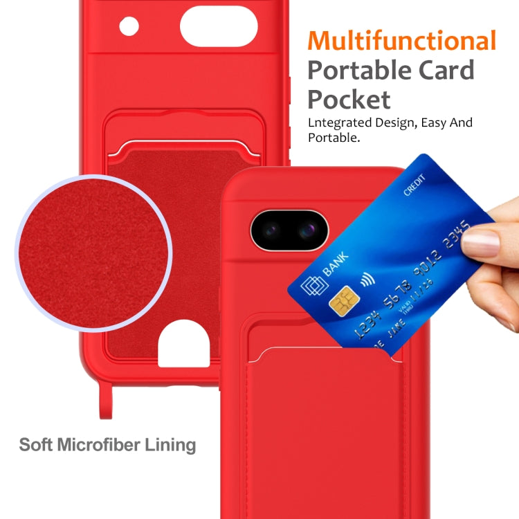 For Google Pixel 8a Integrated Card Bag Solid Color Liquid Silicone Phone Case with Lanyard