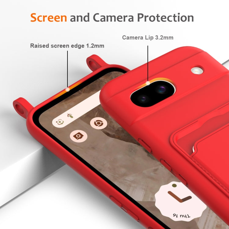 For Google Pixel 8a Integrated Card Bag Solid Color Liquid Silicone Phone Case with Lanyard