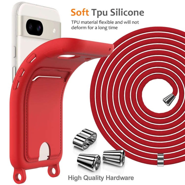 For Google Pixel 8a Integrated Card Bag Solid Color Liquid Silicone Phone Case with Lanyard