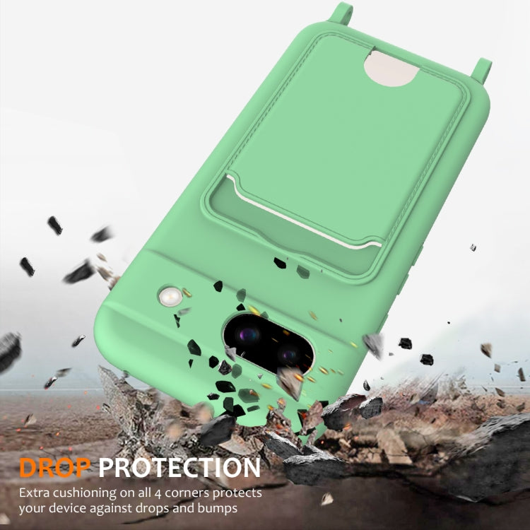 For Google Pixel 8a Integrated Card Bag Solid Color Liquid Silicone Phone Case with Lanyard