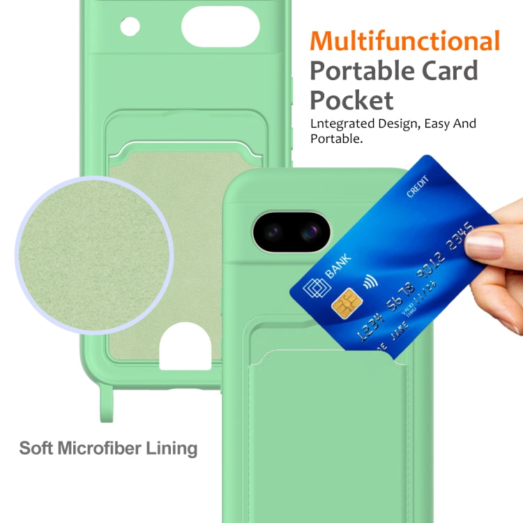 For Google Pixel 8a Integrated Card Bag Solid Color Liquid Silicone Phone Case with Lanyard