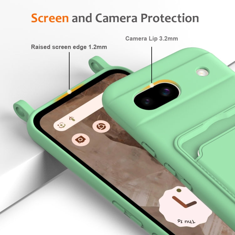For Google Pixel 8a Integrated Card Bag Solid Color Liquid Silicone Phone Case with Lanyard