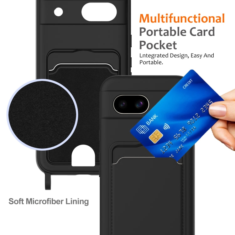 For Google Pixel 8a Integrated Card Bag Solid Color Liquid Silicone Phone Case with Lanyard