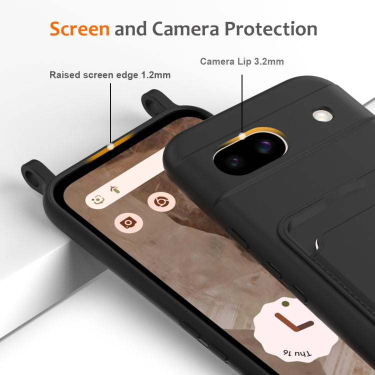 For Google Pixel 8a Integrated Card Bag Solid Color Liquid Silicone Phone Case with Lanyard