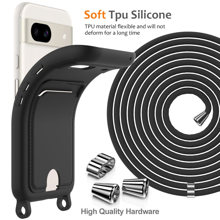 For Google Pixel 8a Integrated Card Bag Solid Color Liquid Silicone Phone Case with Lanyard