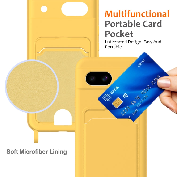 For Google Pixel 8a Integrated Card Bag Solid Color Liquid Silicone Phone Case with Lanyard