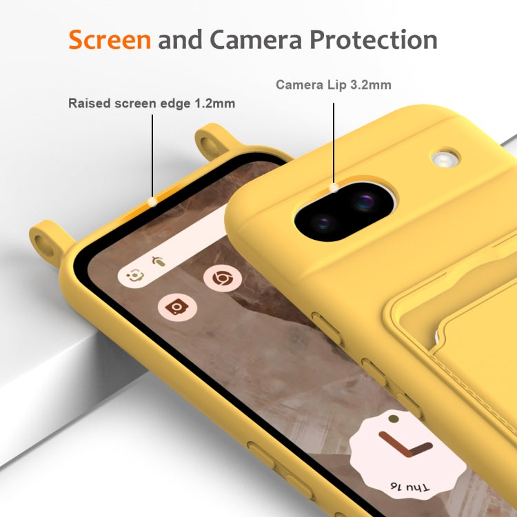 For Google Pixel 8a Integrated Card Bag Solid Color Liquid Silicone Phone Case with Lanyard