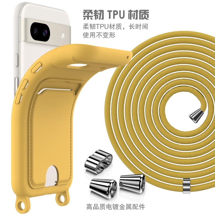 For Google Pixel 8a Integrated Card Bag Solid Color Liquid Silicone Phone Case with Lanyard