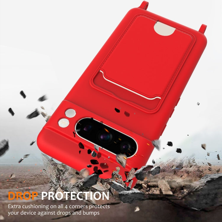 For Google Pixel 8 Pro Integrated Card Bag Solid Color Liquid Silicone Phone Case with Lanyard