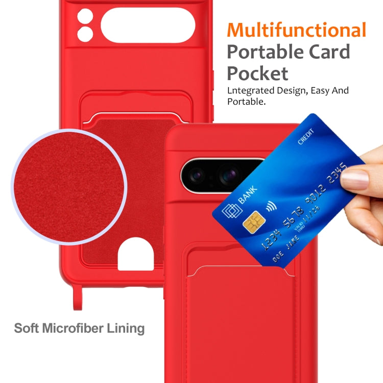 For Google Pixel 8 Pro Integrated Card Bag Solid Color Liquid Silicone Phone Case with Lanyard