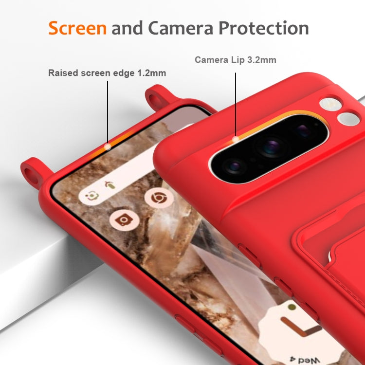 For Google Pixel 8 Pro Integrated Card Bag Solid Color Liquid Silicone Phone Case with Lanyard
