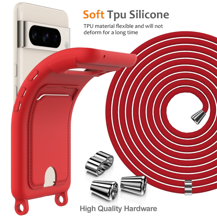 For Google Pixel 8 Pro Integrated Card Bag Solid Color Liquid Silicone Phone Case with Lanyard