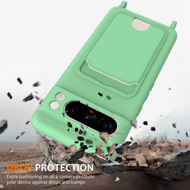For Google Pixel 8 Pro Integrated Card Bag Solid Color Liquid Silicone Phone Case with Lanyard