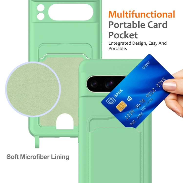 For Google Pixel 8 Pro Integrated Card Bag Solid Color Liquid Silicone Phone Case with Lanyard