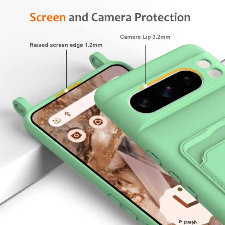 For Google Pixel 8 Pro Integrated Card Bag Solid Color Liquid Silicone Phone Case with Lanyard