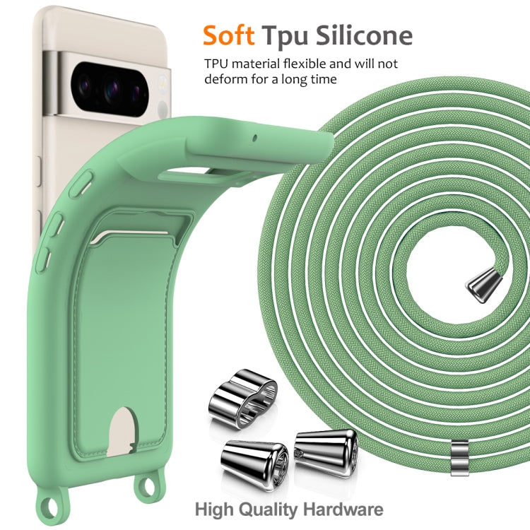 For Google Pixel 8 Pro Integrated Card Bag Solid Color Liquid Silicone Phone Case with Lanyard