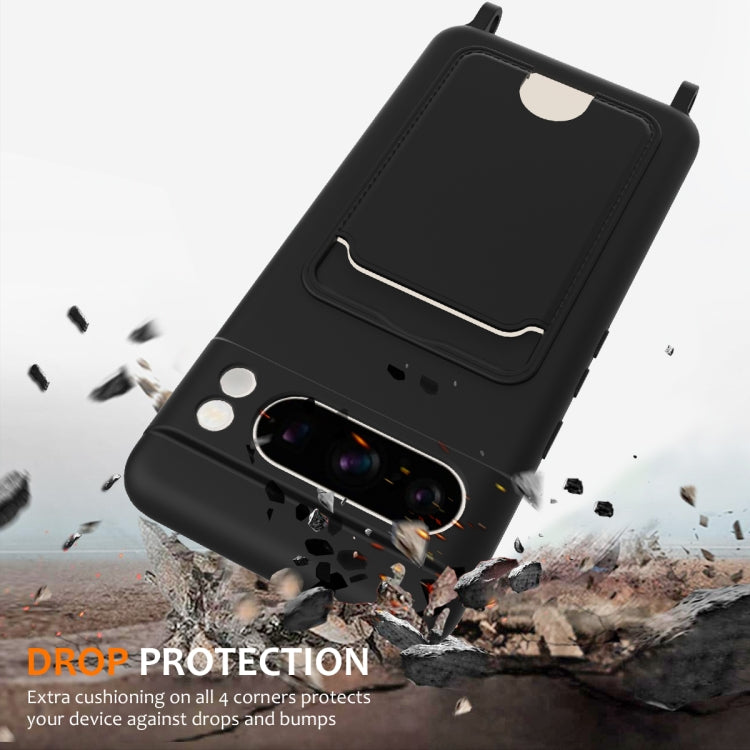 For Google Pixel 8 Pro Integrated Card Bag Solid Color Liquid Silicone Phone Case with Lanyard