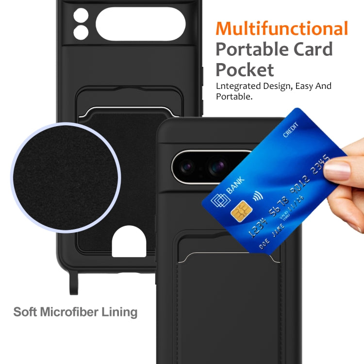 For Google Pixel 8 Pro Integrated Card Bag Solid Color Liquid Silicone Phone Case with Lanyard